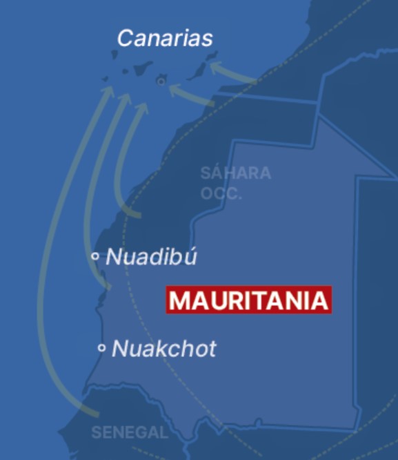 Mapa de la costa de Mauritania y el Sáhara frente a las islas Canarias con las rutas de los cayucos